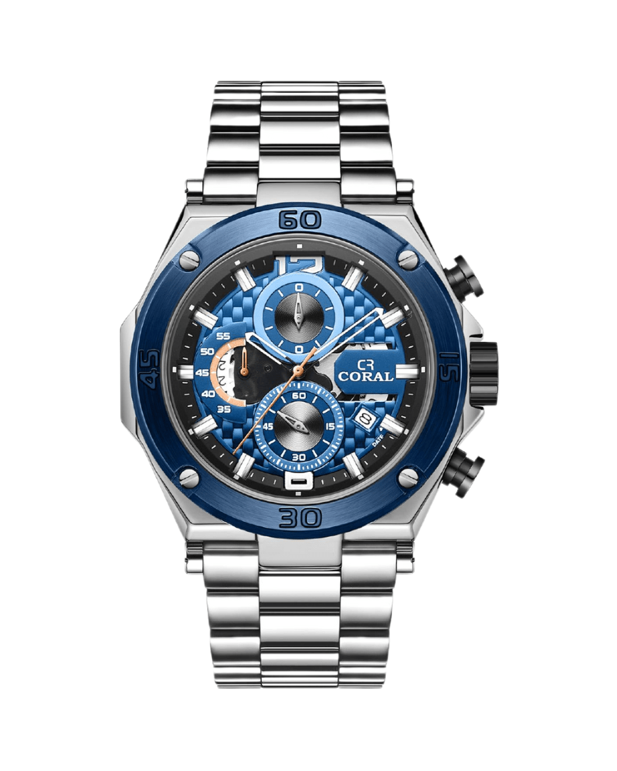 Coral 6 Hands Chronograph Men’s Watch With Date | Stainless Steel | Silver Blue (9614)-KYAMSTORE