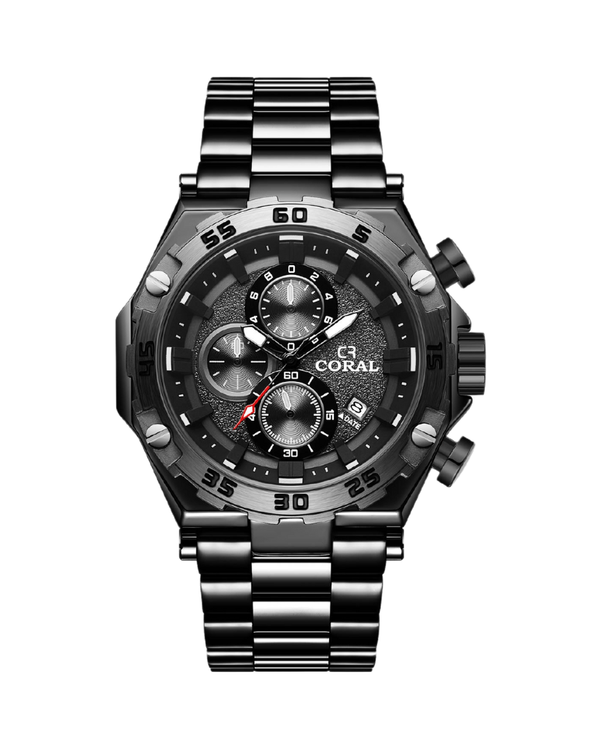 Coral 6 Hands Chronograph Men’s Watch With Date | Stainless Steel | Black (9614)-KYAMSTORE