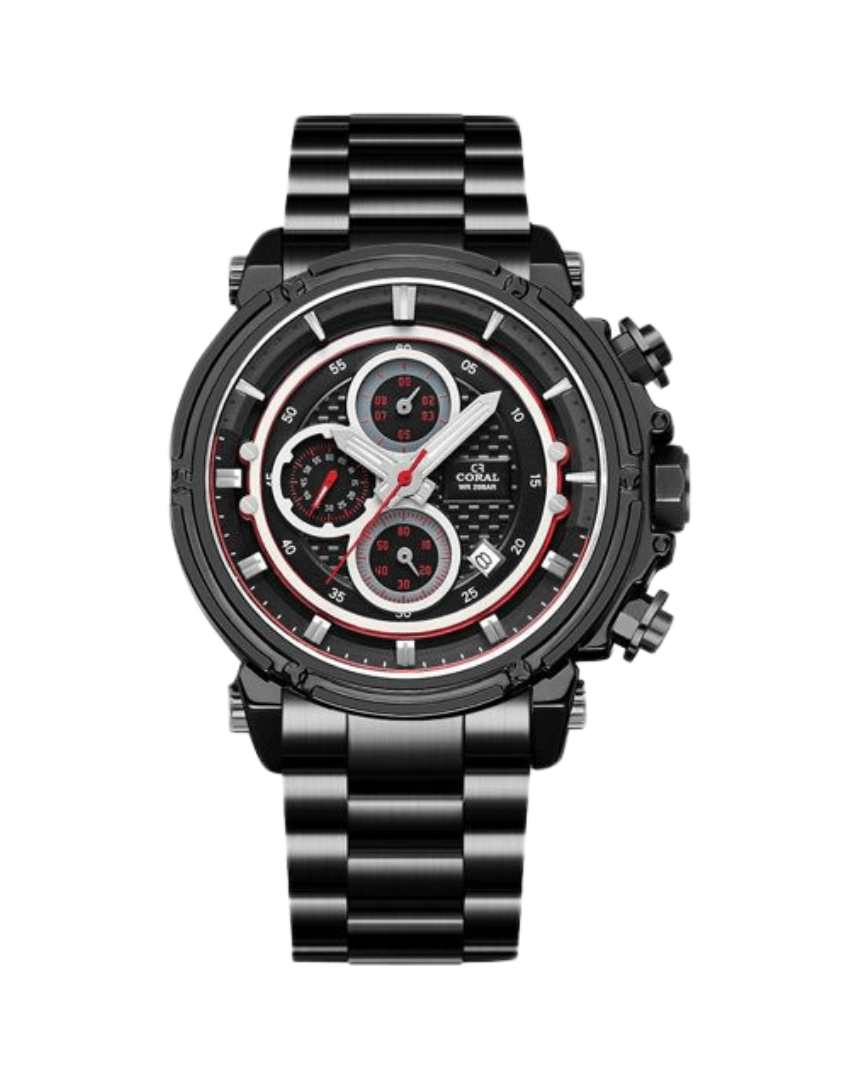 Coral 6 Hands Chronograph Men’s Watch With Date | Stainless Steel | Black Red (9607)-KYAMSTORE