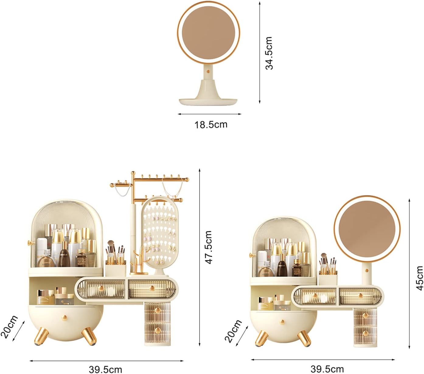منظم مكياج مع مرآة LED، علبة عرض لتخزين مستحضرات التجميل بسعة كبيرة