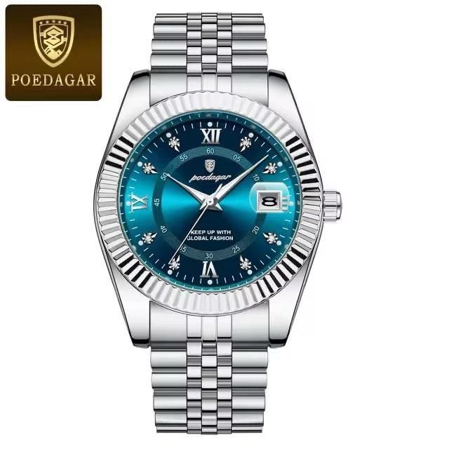POEDAGAR Quartz Watch for Men Luxury Business Analog Stainless Steel | Blue Dial