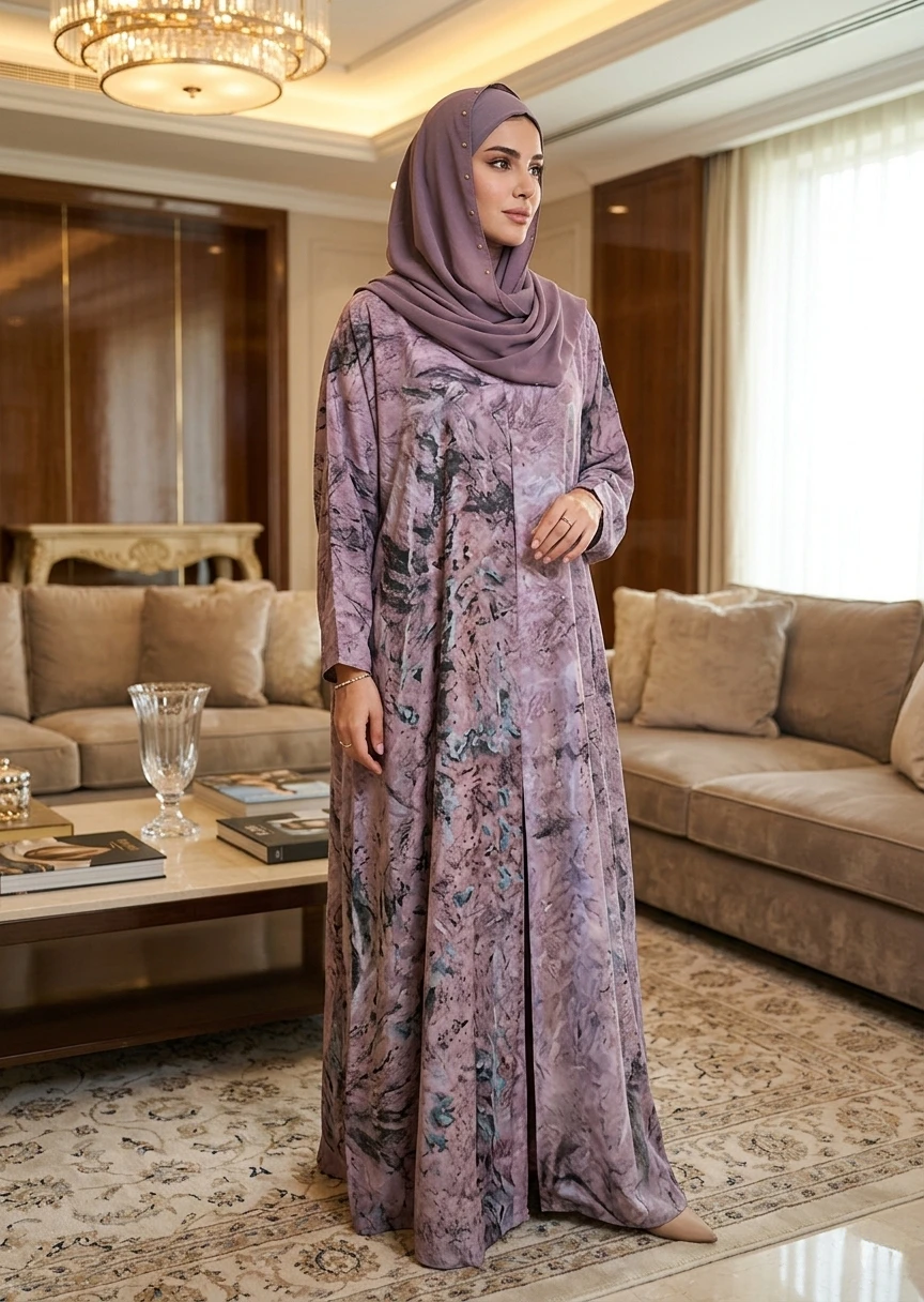 Lavender Marble Print Contemporary Dubai Style Maxi Abaya for Women