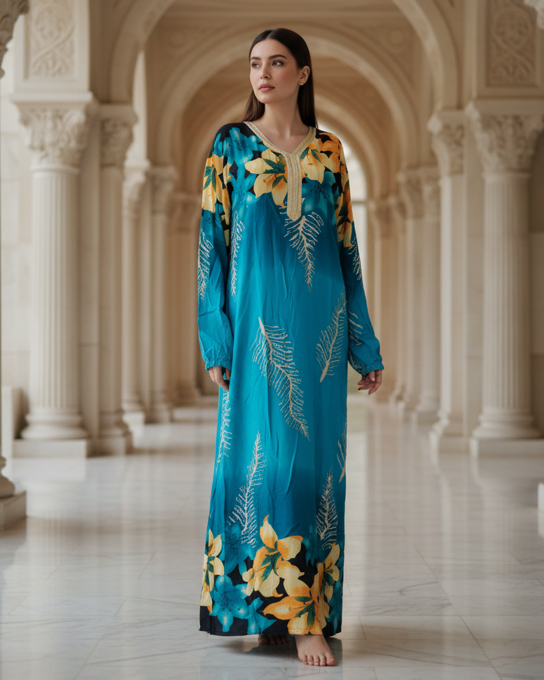 Teal Blue Floral Jalabiya Long Dress – Luxurious Modest Maxi for Women