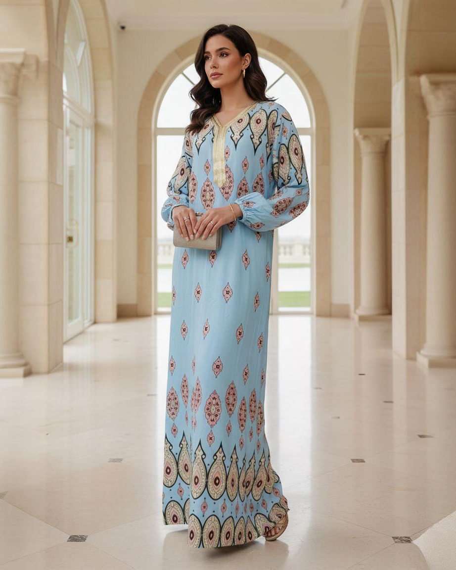 Sky Blue Ikat Print Jalabiya - Vibrant Geometric Ethnic Kaftan Abaya for Women