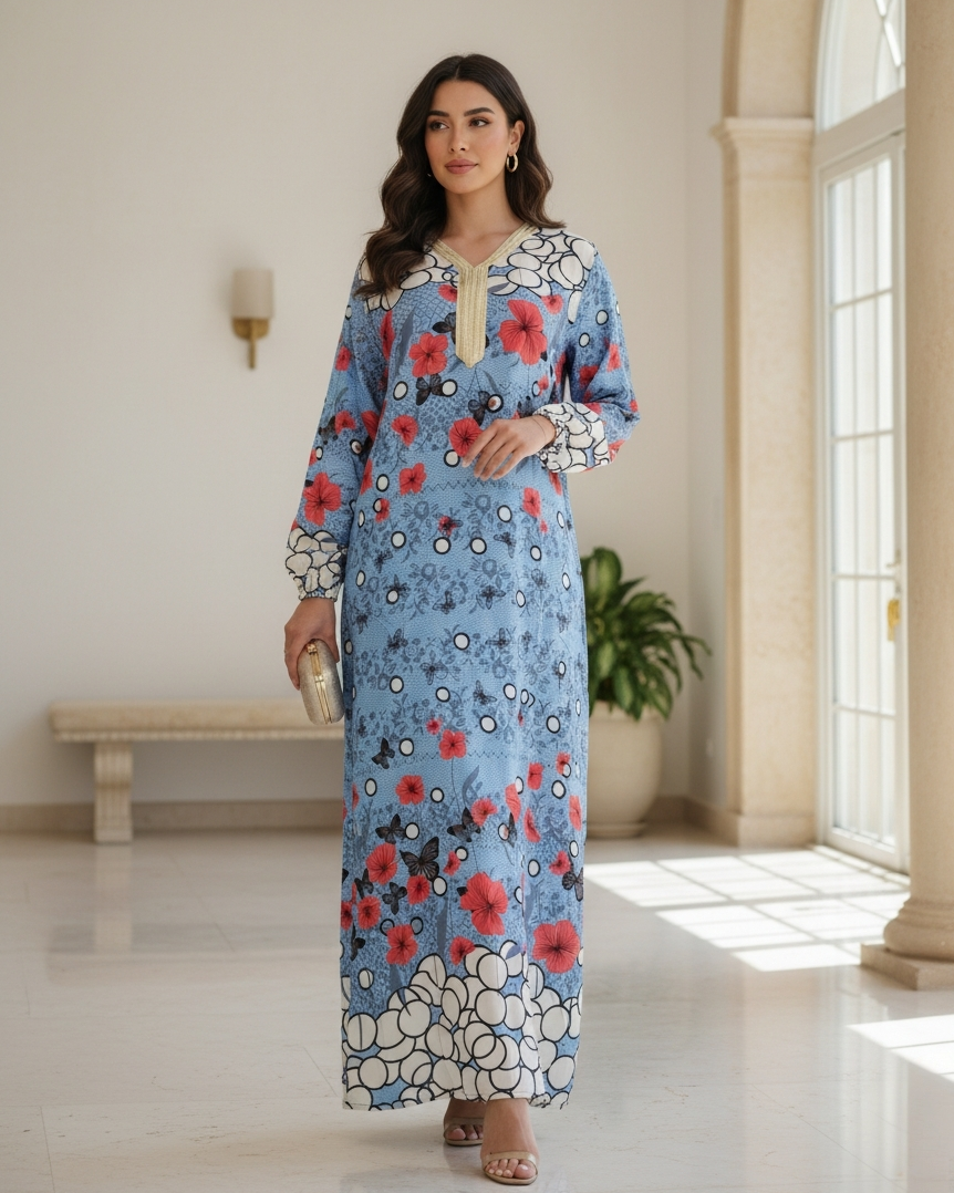 Sky Blue Floral Print Jalabiya with Red Poppy Embroidered Neckline for Women