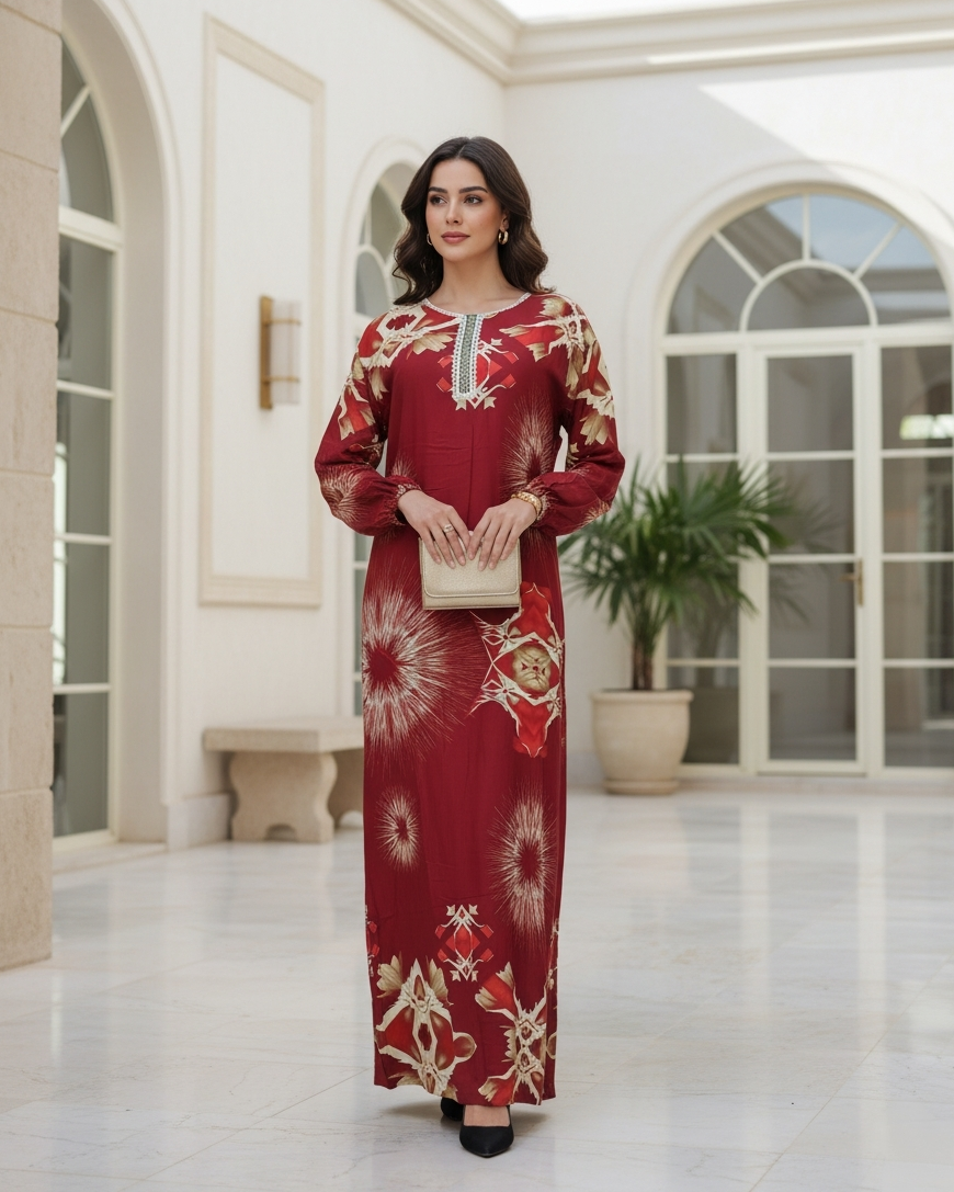 Maroon Red Floral Embroidered Jalabiya Maxi Dress with Golden Accents for Women