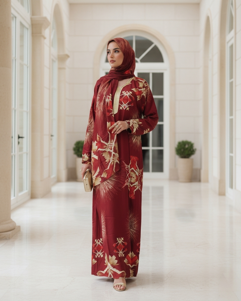 Burgundy Red Floral Jalabiya Set with Matching Hijab and Gold Embroidery