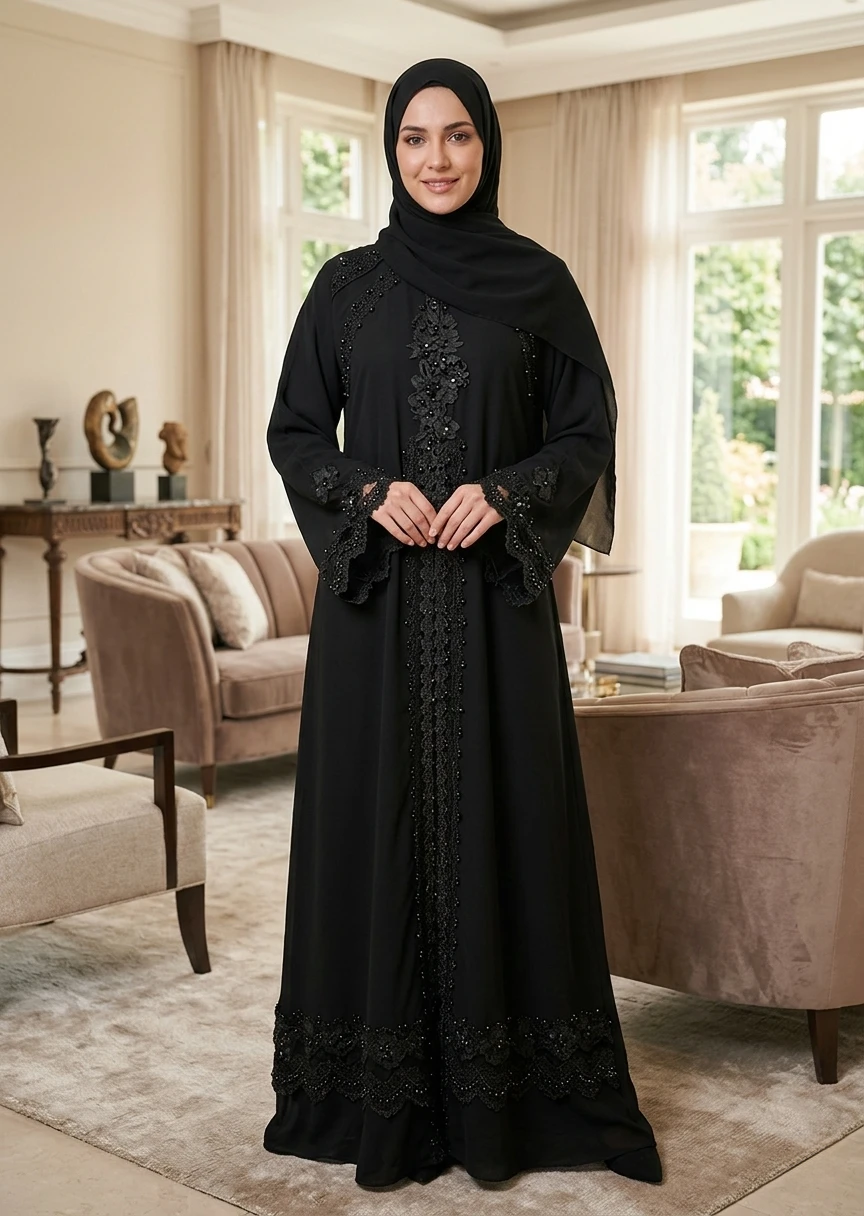 Classic Black Lace Embellished Dubai Style Maxi Abaya for Women