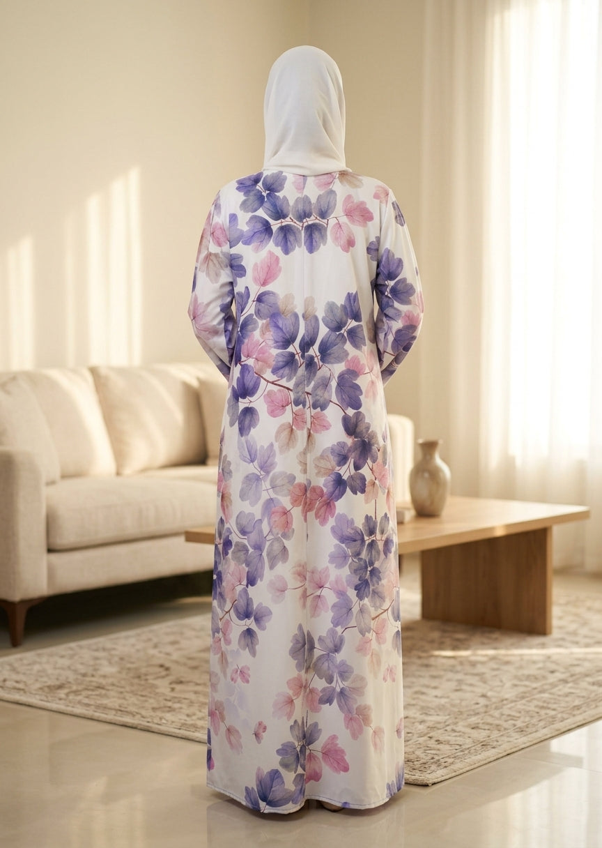 Floral Print Premium Tiktalk Closed Abaya – White & Lavender