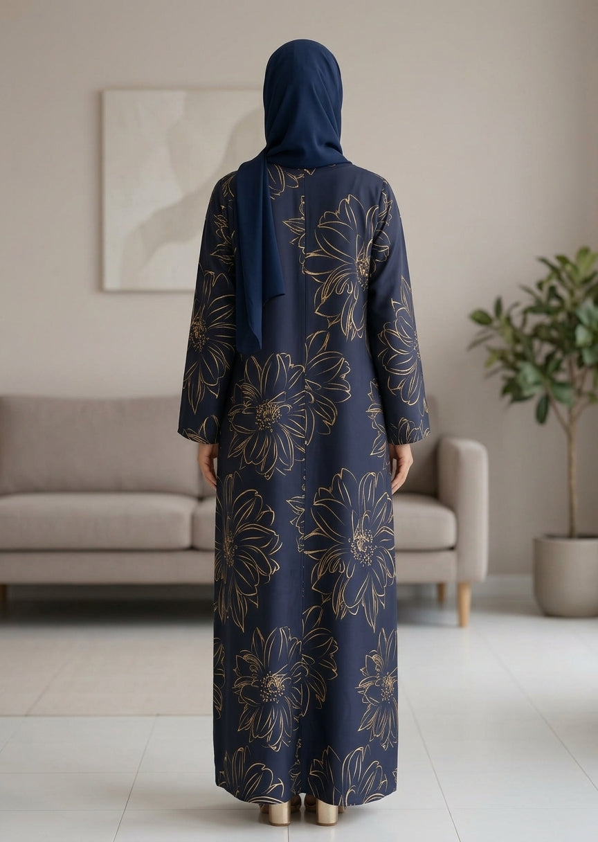 Elegant Gold Floral Black Abaya Set with Matching Hijab