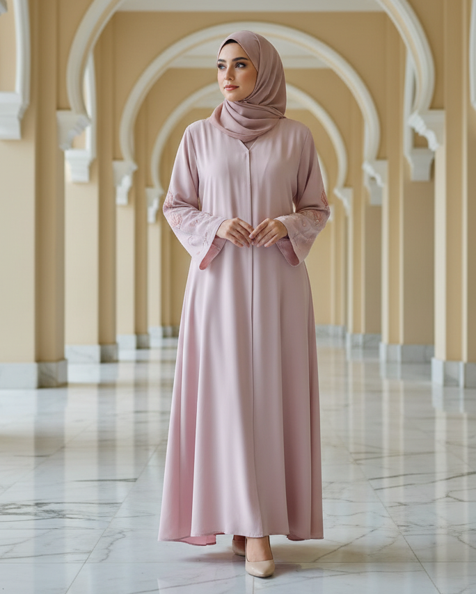Chic Rose Pink Open Abaya with Subtle Sleeve Embroidery and Hijab