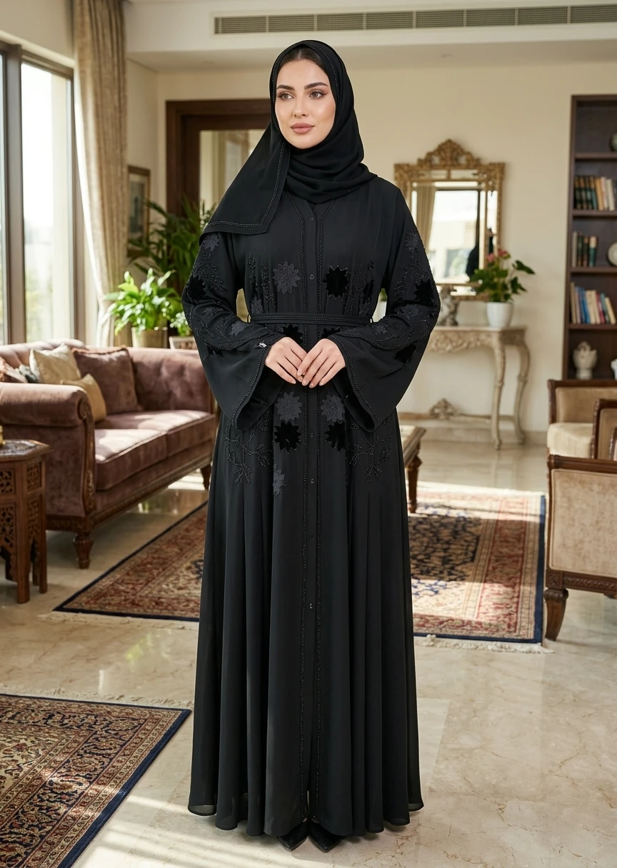 Luxury Black Floral Embroidered Belted Dubai Style Abaya for Women