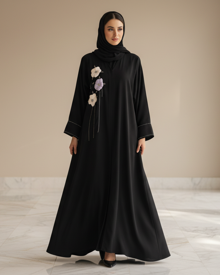 Woman wearing a black abaya with floral details in a minimalistic setting