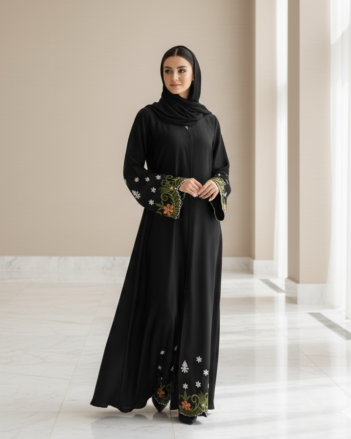Woman wearing a black abaya with floral embroidery in a minimalistic setting