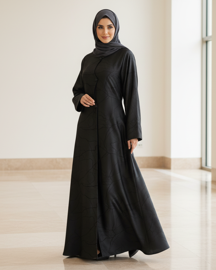 Woman wearing a black abaya in a minimalistic indoor setting