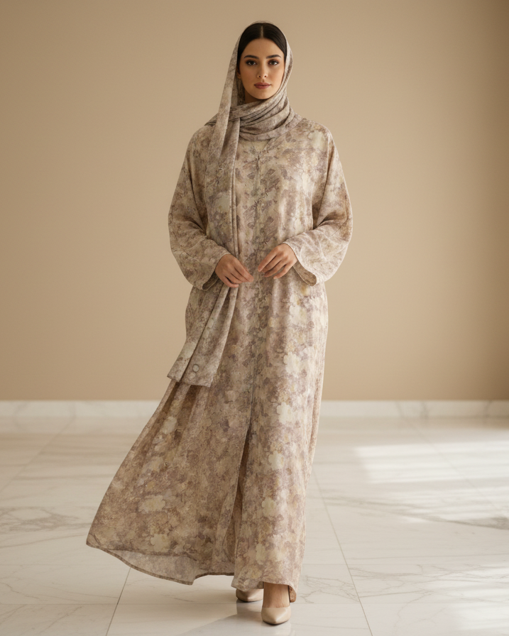 Woman wearing a beige floral dress and hijab in a bright room with large windows.