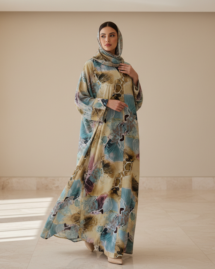Woman wearing a long, patterned dress standing in a minimalistic room with a large window.
