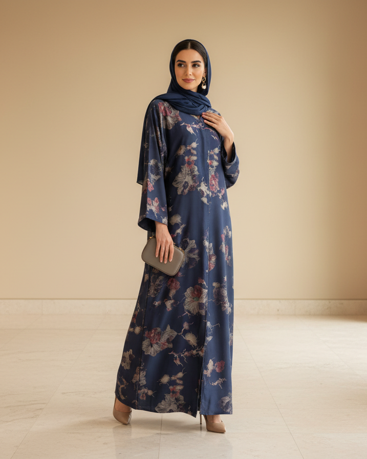 Woman wearing a long blue floral dress and hijab in a minimalistic room.