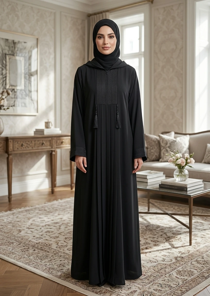 Premium Black Pleated Tassel Dubai Style Abaya for Women