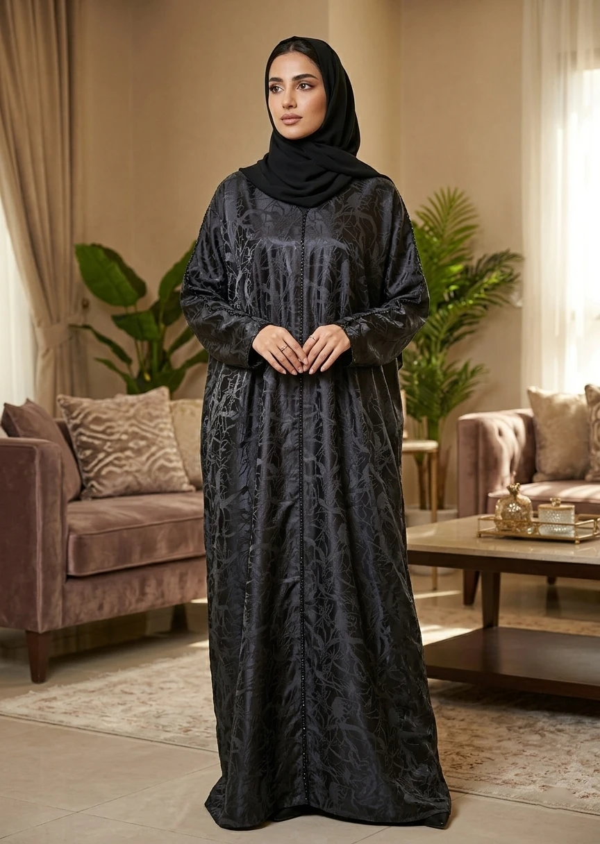 Midnight Black Jacquard Maxi Dubai Style Abaya for Women