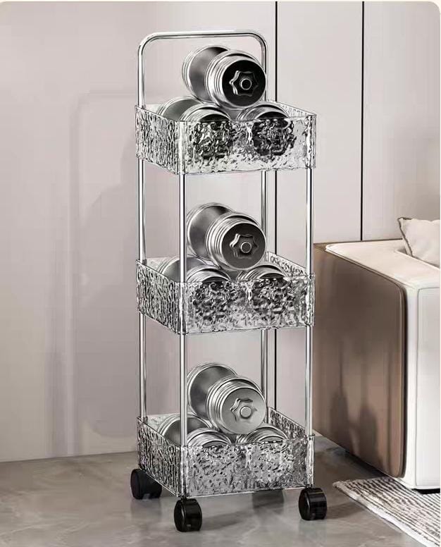 عربة تخزين متنقلة بسيطة من الأكريليك بثلاث طبقات | رف شفاف متحرك