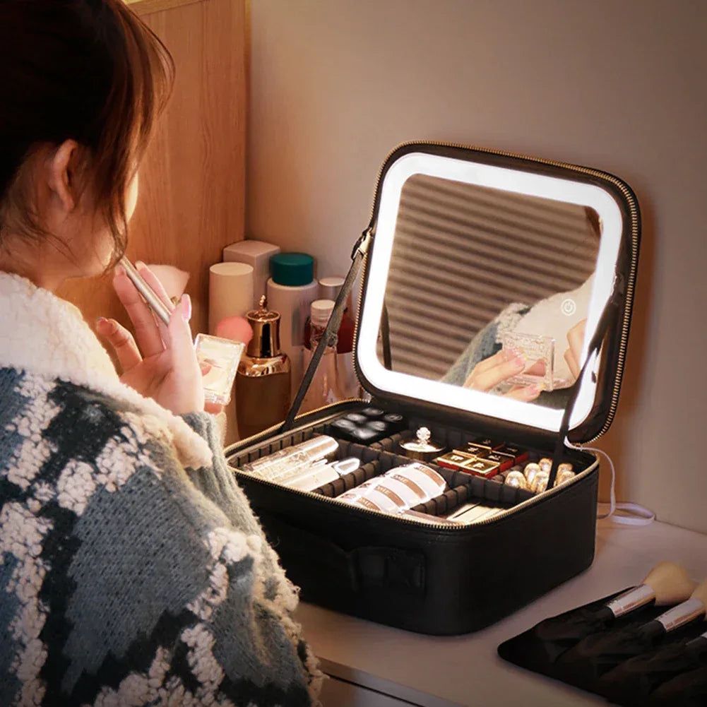 Portable Travel Makeup Bag with Adjustable Dividers | Smart LED Light Mirror Cosmetic Case