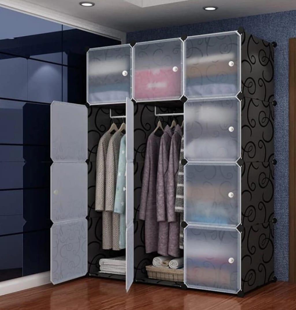 Premium 12-Cube Modular Portable Wardrobe Organizer with Hanging Rods and Frosted Doors