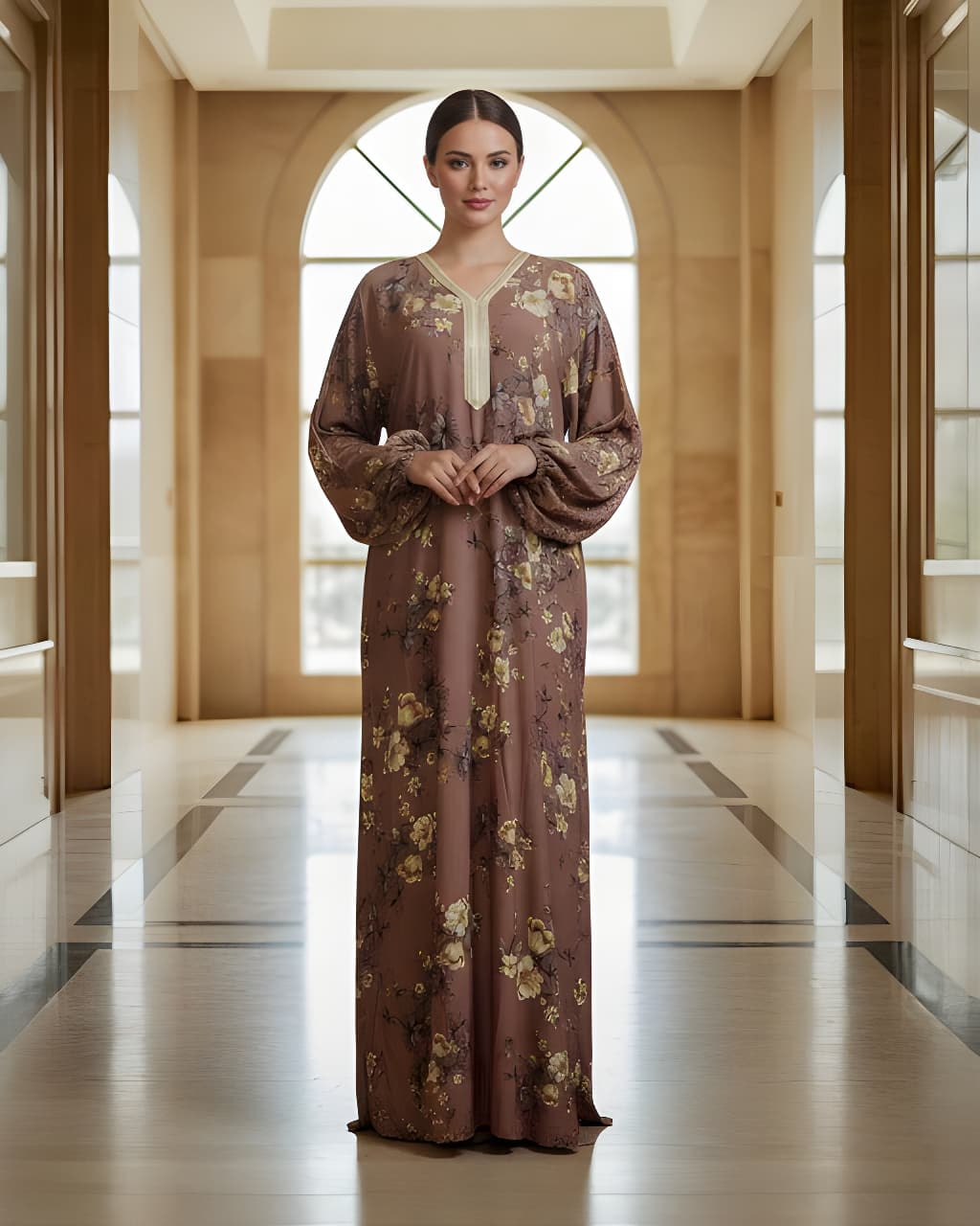 Dusty Rose Vintage Floral Jalabiya Modest Long Sleeve Maxi Dress