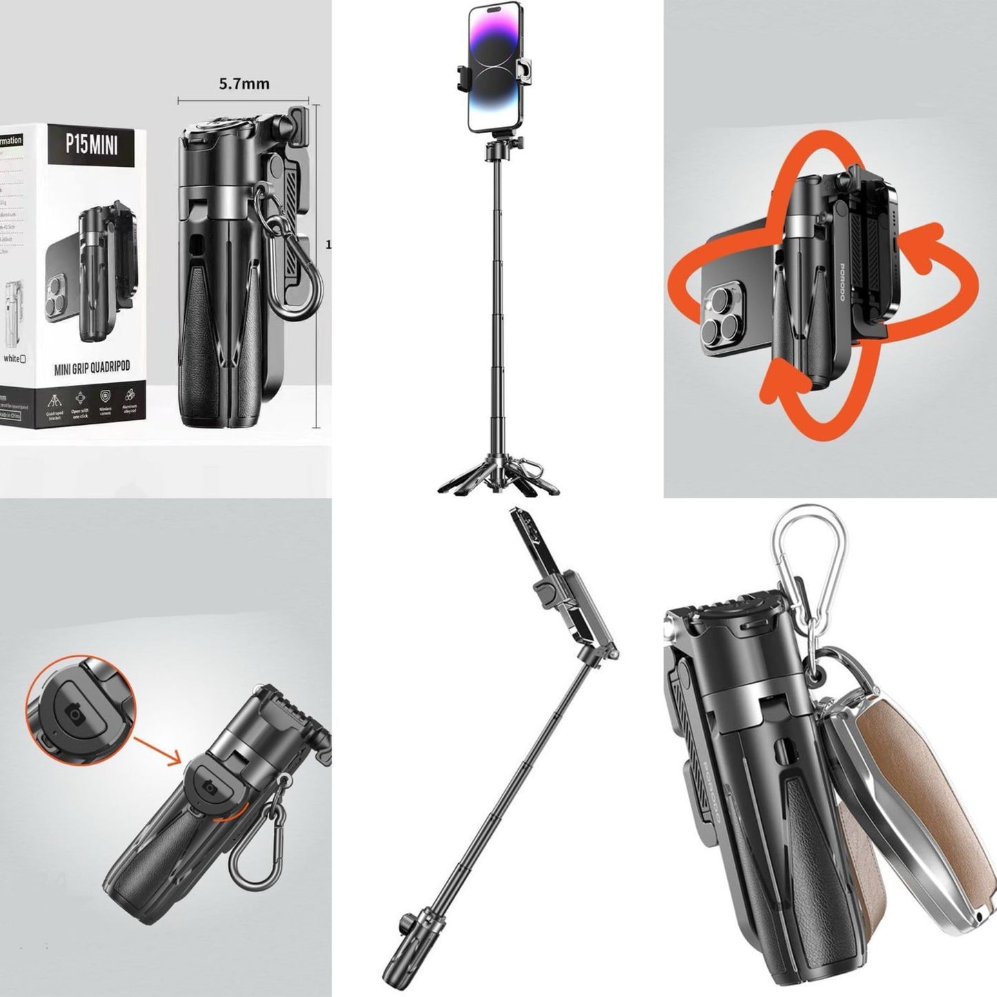 P15 Mini Quadripod – Extendable 5-Section Smartphone Selfie Stick with Bluetooth Remote & Cold Shoe Mount