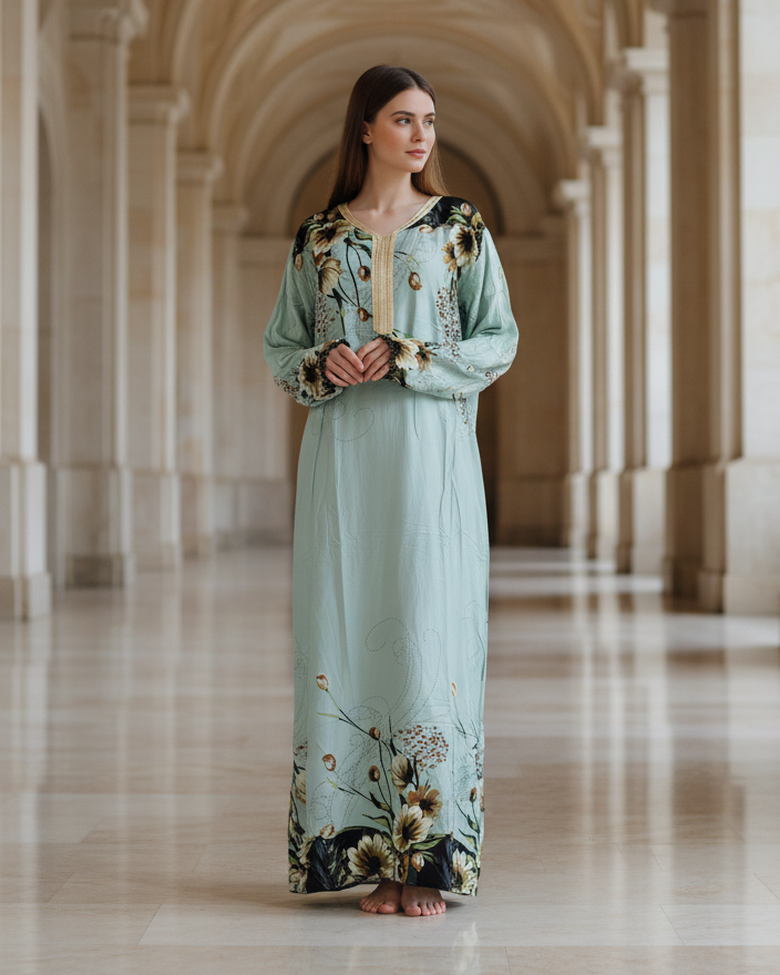 Mint Green Botanical Jalabiya Dress – Fresh Modest Maxi for Women