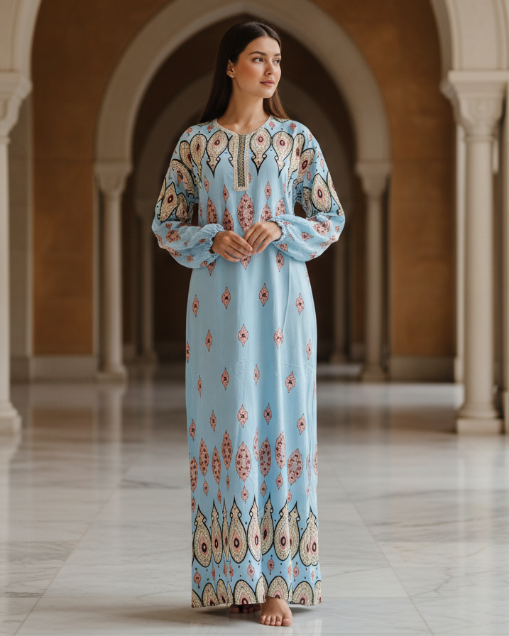 Sky Blue Ikat Print Jalabiya Dress – Boho Modest Maxi for Women