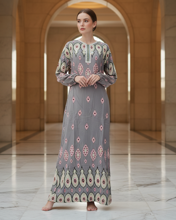 Grey Peacock Feather Print Jalabiya Dress – Elegant Modest Maxi Gown