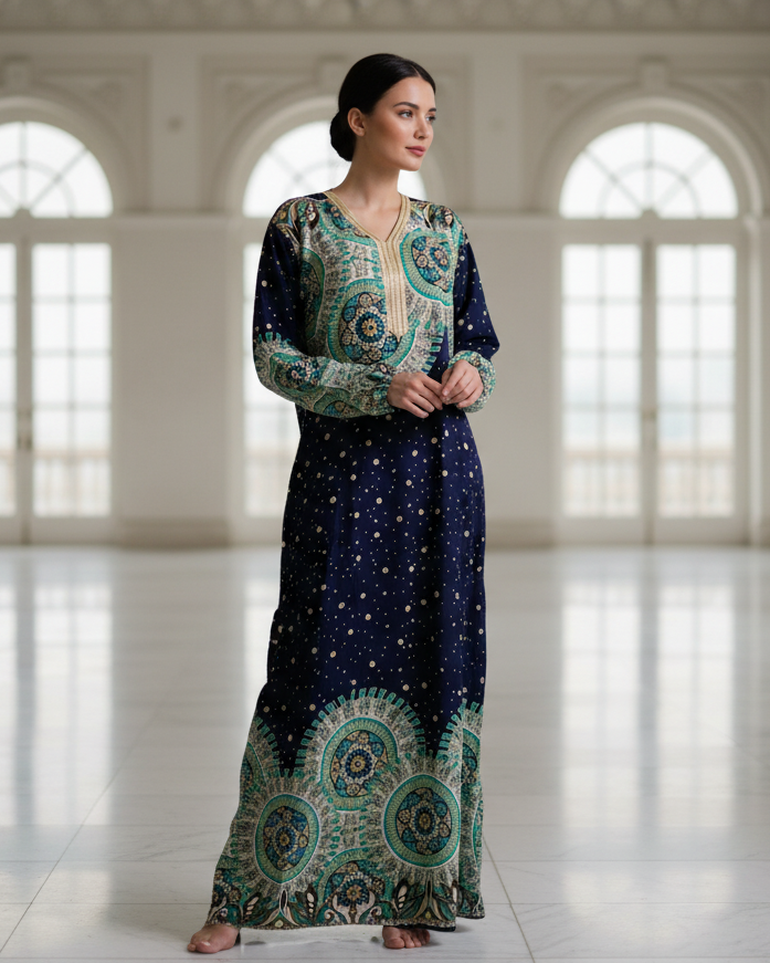 Navy Paisley Jalabiya Dress with Teal Border for Modest Elegance