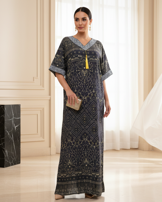 Navy Blue Bandhani Jalabiya Dress – Traditional Modest Maxi for Women