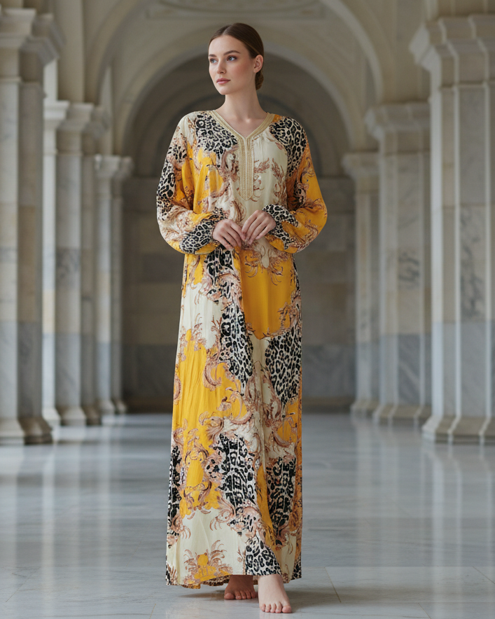 Yellow Leopard Floral Jalabiya Dress for Bold Modest Resort Style