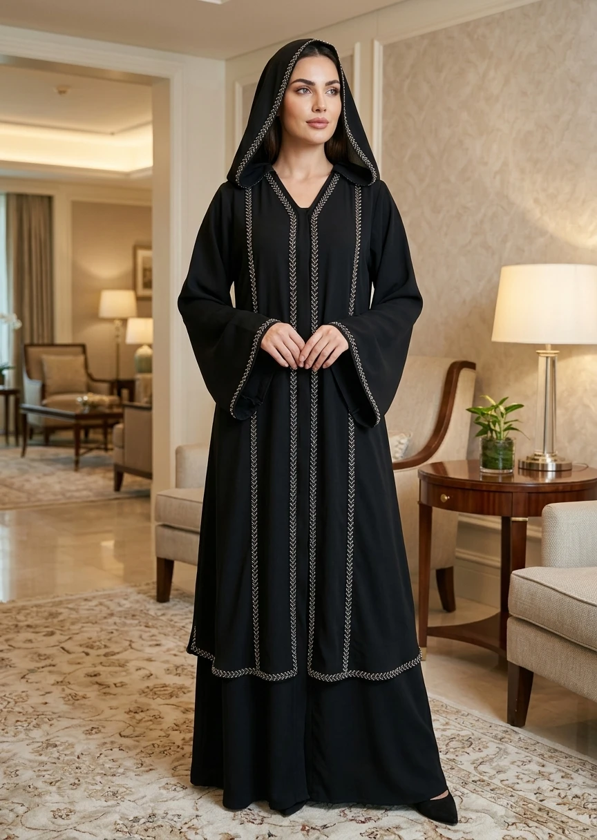 Black Hooded Contrast Stitch Open Front Maxi Abaya for Women in Elegant Dubai Style