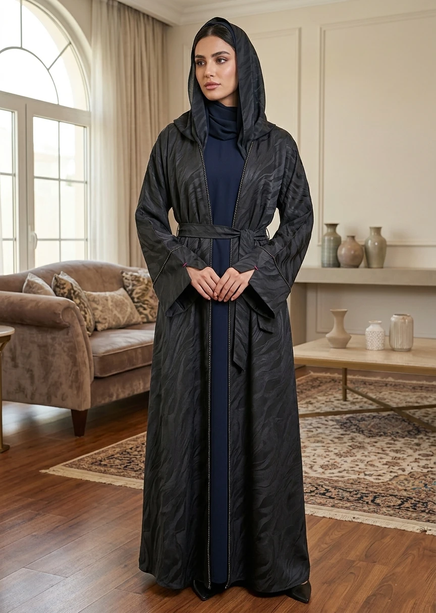 Black Hooded Open Front Jacquard Belted Maxi Abaya for Women with Luxury Dubai Style