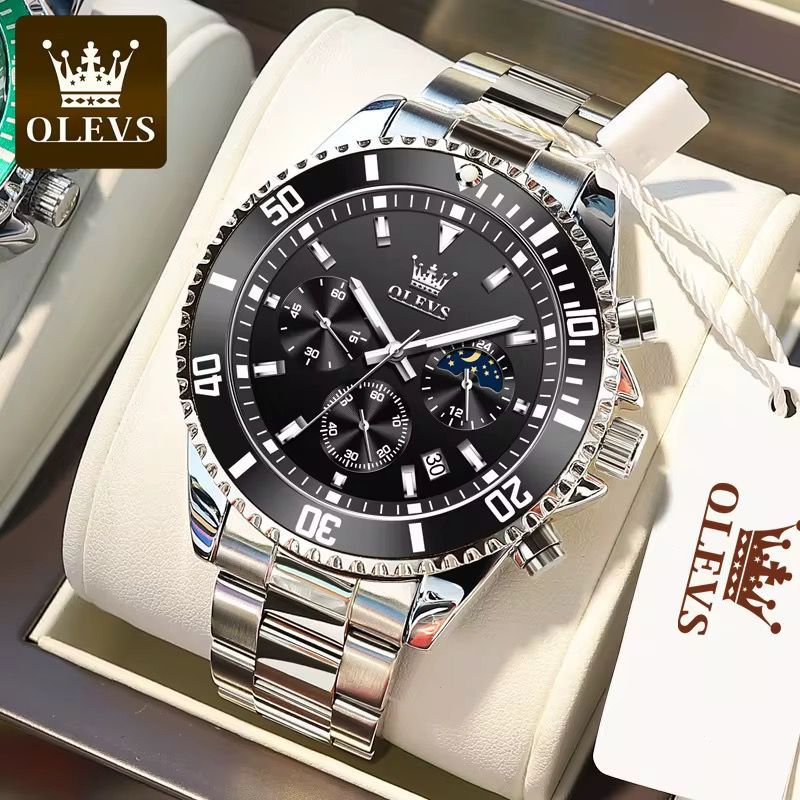 OLEVS Watch for Men Professional Diver Chronograph Quartz | Black Dial