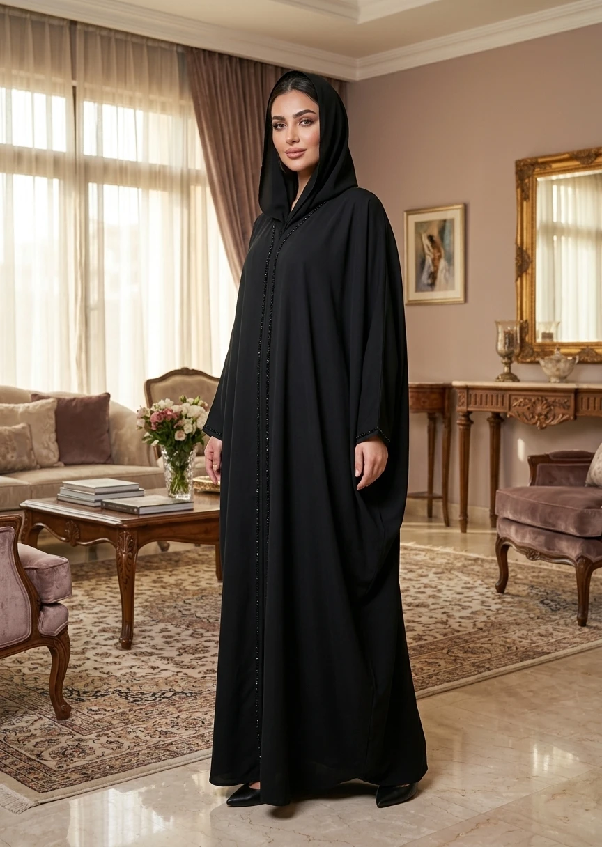 Premium Black Hooded Dubai Style Abaya with Crystal Trim for Women