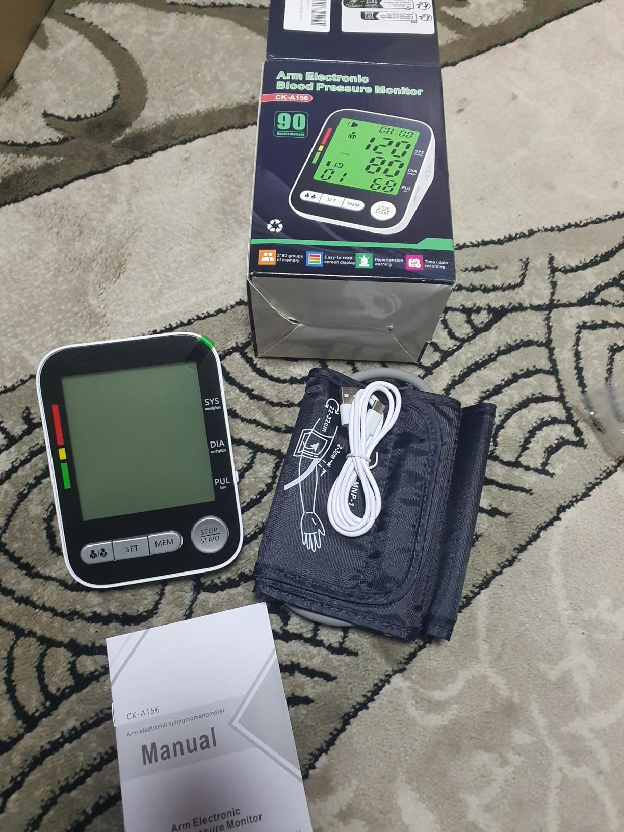 USB Rechargeable Upper Arm Blood Pressure Monitor - Digital BP Machine with Tri-Color Backlight & Dual User Memory (Model CK-A156)