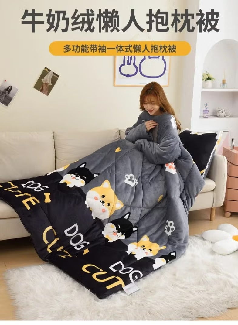 Wearable Lazy Person Quilt with Sleeves - Multifunctional Winter Sofa Pillow & Kick-Resistant Blanket
