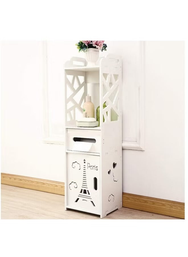 Bathroom Storage Floor Corner Cabinet - Freestanding Slim Toilet Organizer, Waterproof White PVC Cupboard with Paris Eiffel Tower Cutout (22 x 20 x 80 cm)