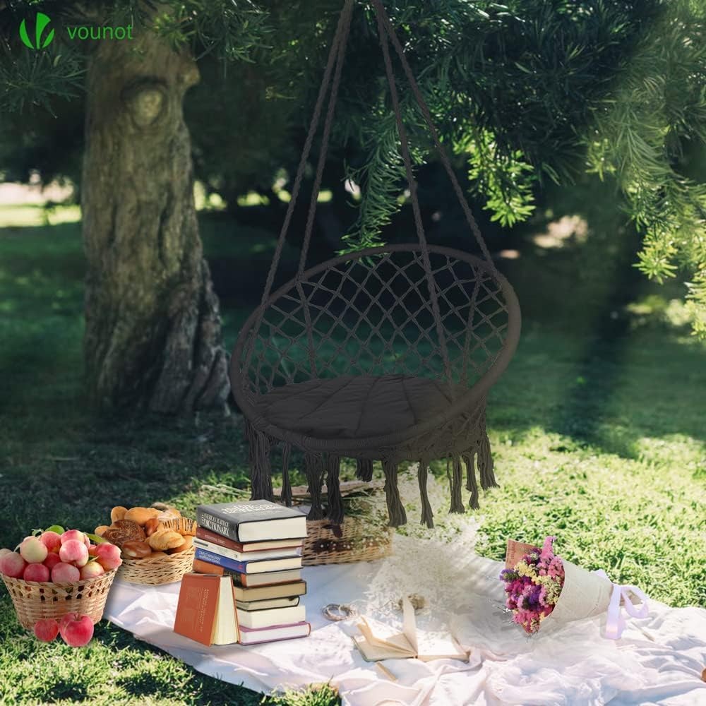 Premium Macrame Hammock Swing Chair with Round Cushion - Boho Indoor & Outdoor Hanging Seat