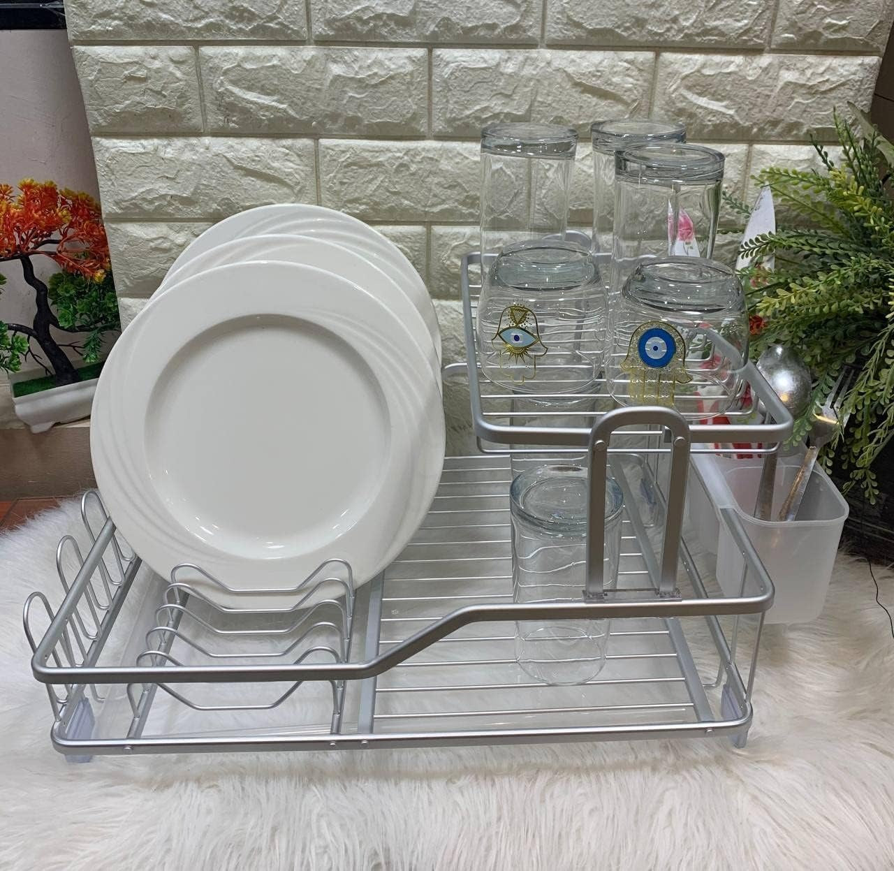 Premium 2-Tier Aluminum Dish Drying Rack with Removable Drainboard and Utensil Holder for Kitchen Countertops