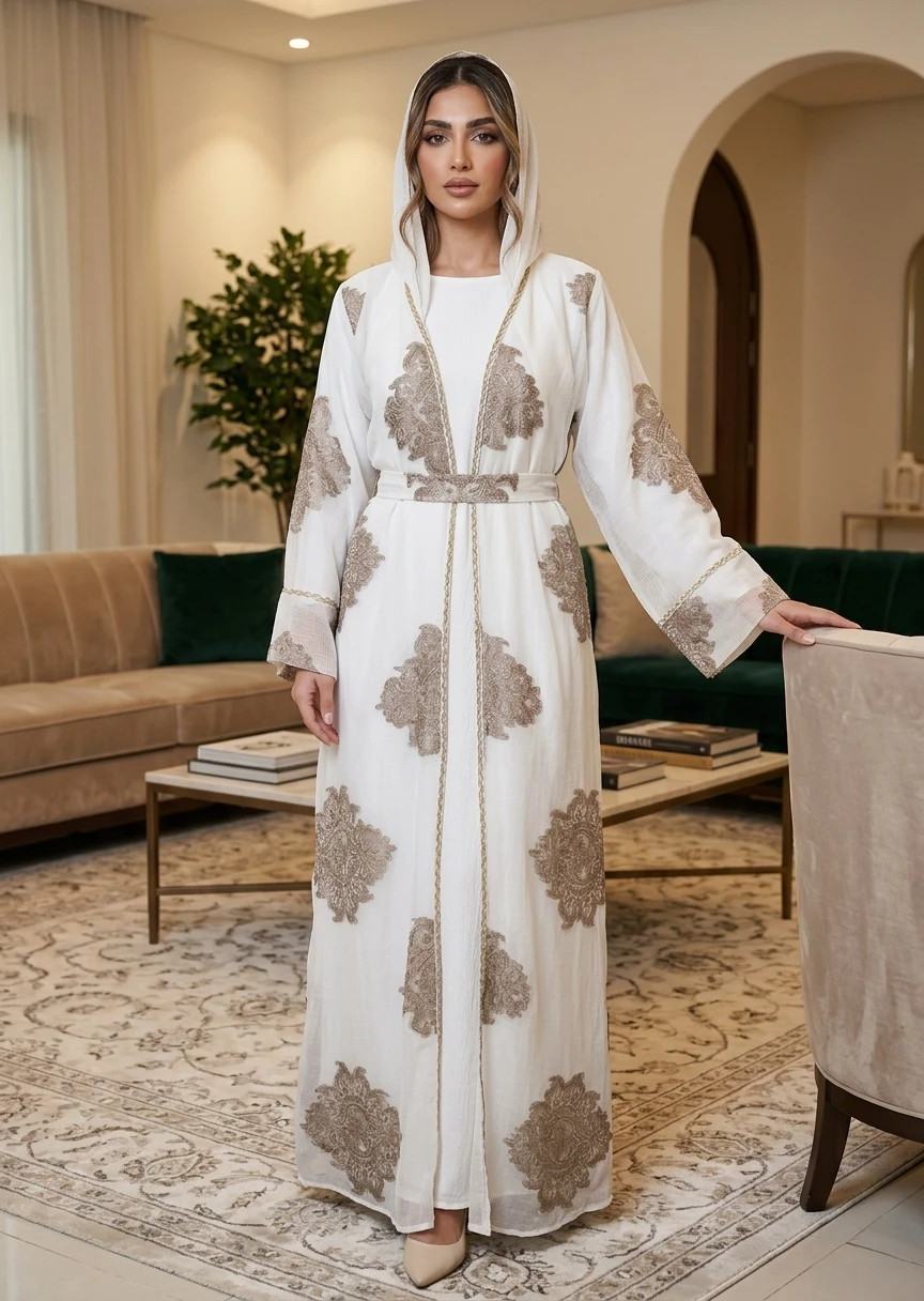 Ivory Hooded Open Front Embroidered Belted Maxi Abaya for Women in Elegant Dubai Style