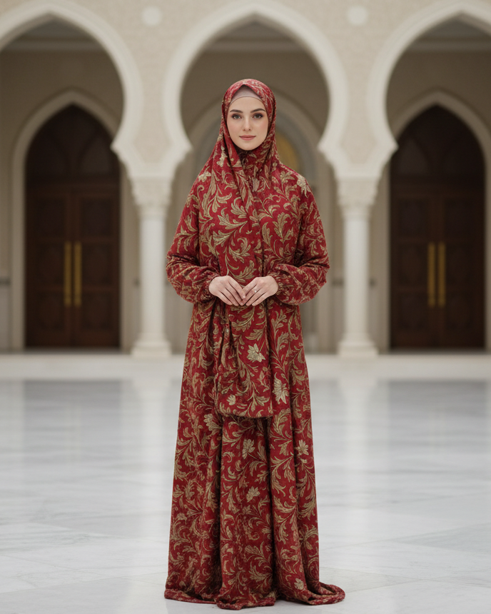 Red Gold Floral Prayer Dress with Hijab for Elegant Islamic Wear