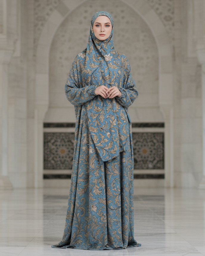 Blue Gold Floral Prayer Dress with Hijab for Full Coverage Modesty