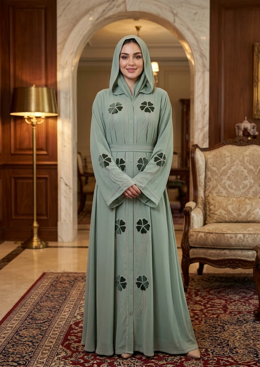 Luxury Sage Green Hooded Belted Floral Embroidered Abaya for Women – Dubai Modest Fashion