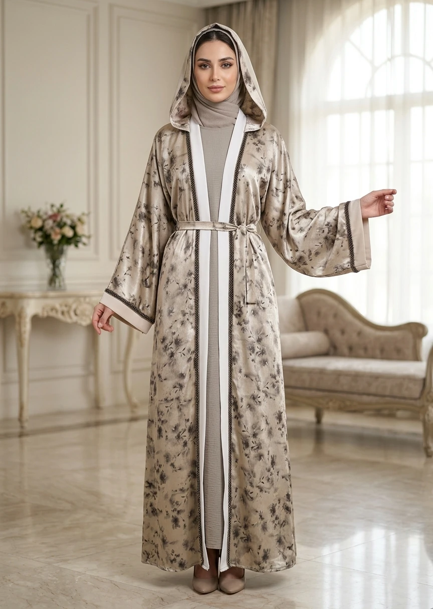 Sand Marble Hooded Belted Open Front Maxi Abaya for Women with Elegant Dubai Style