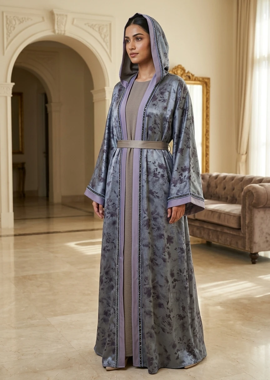 Slate Grey Hooded Marble Print Open Front Belted Maxi Abaya for Women in Elegant Dubai Style